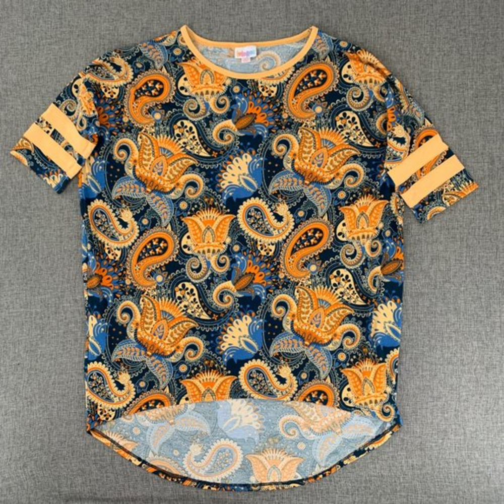 Lularoe Irma Paisley High & Low Tunic‎ Top XS Short Sleeve Blue Orange Peach